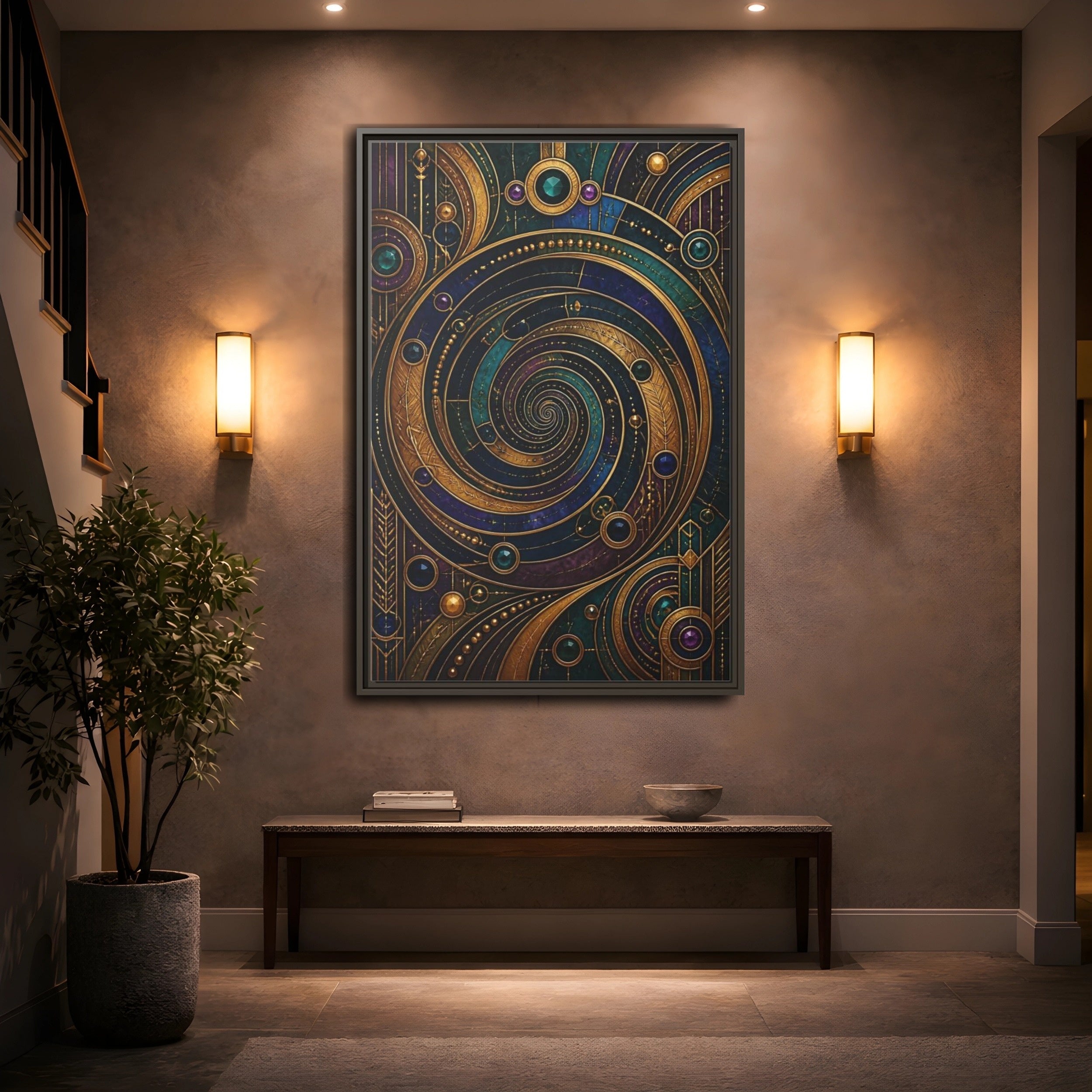 Mockup 2. Abstract Geometric Spiral Art Deco Jewel Tones shown as stretched canvas wall art