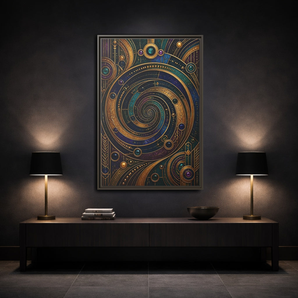 Mockup 3. Abstract Geometric Spiral Art Deco Jewel Tones shown as stretched canvas wall art