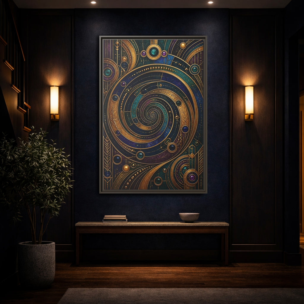 Mockup 4. Abstract Geometric Spiral Art Deco Jewel Tones shown as stretched canvas wall art
