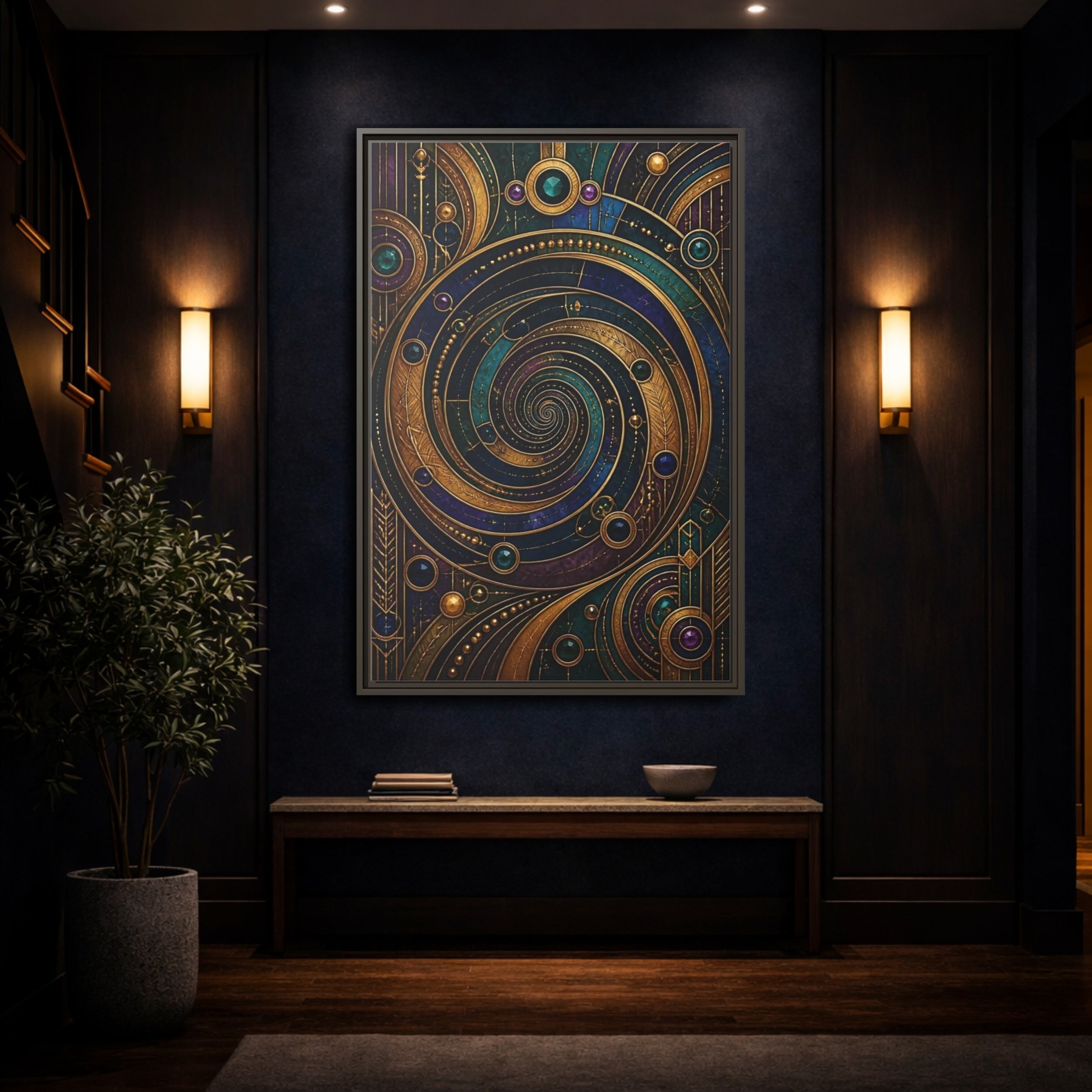 Mockup 4. Abstract Geometric Spiral Art Deco Jewel Tones shown as stretched canvas wall art