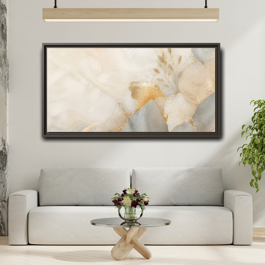 Mockup 2. Abstract Gold Foliage Neutral Gold shown as stretched canvas wall art