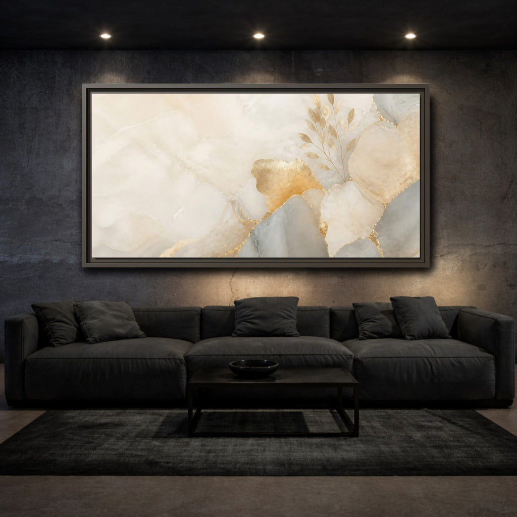 Mockup 3. Abstract Gold Foliage Neutral Gold shown as stretched canvas wall art