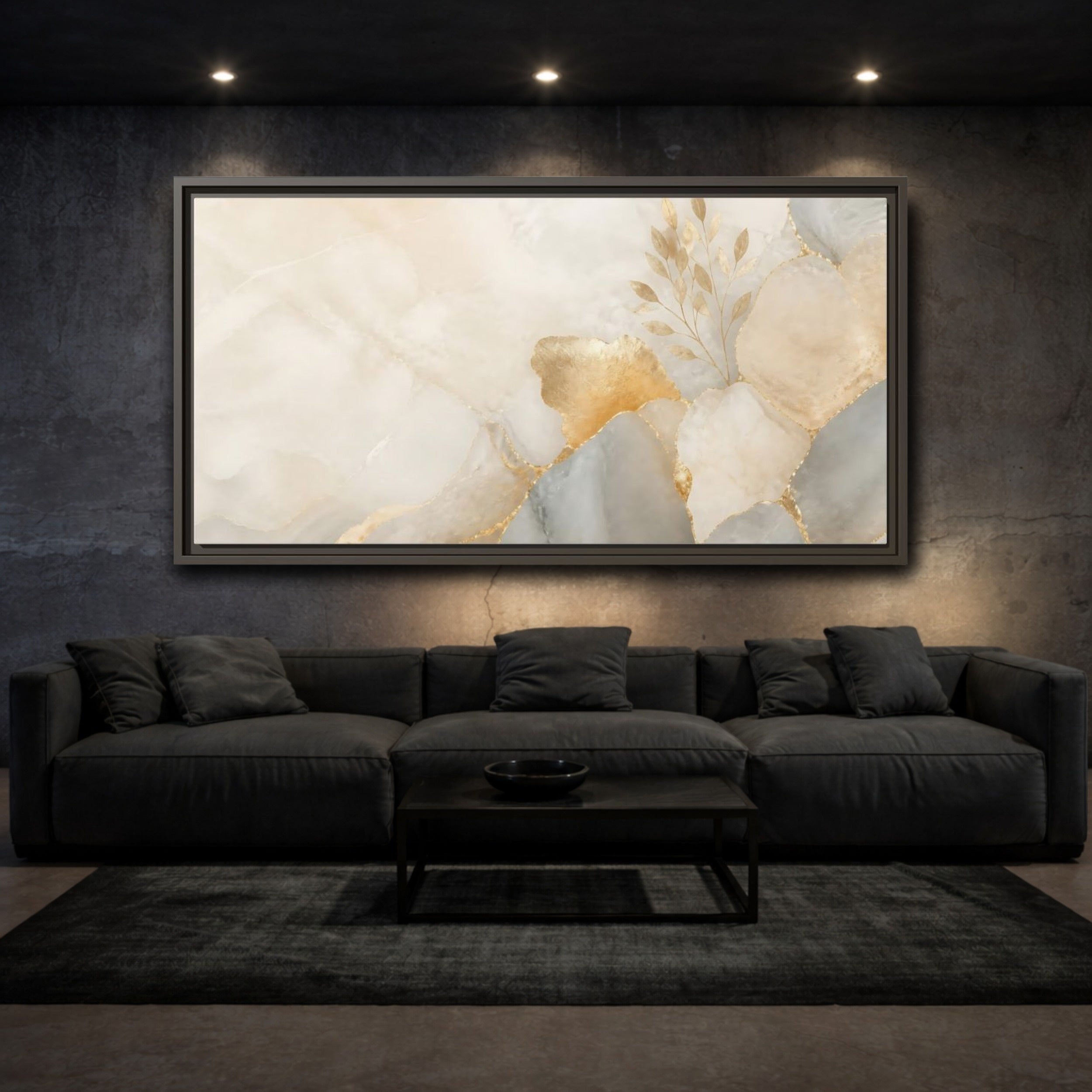 Mockup 3. Abstract Gold Foliage Neutral Gold shown as stretched canvas wall art