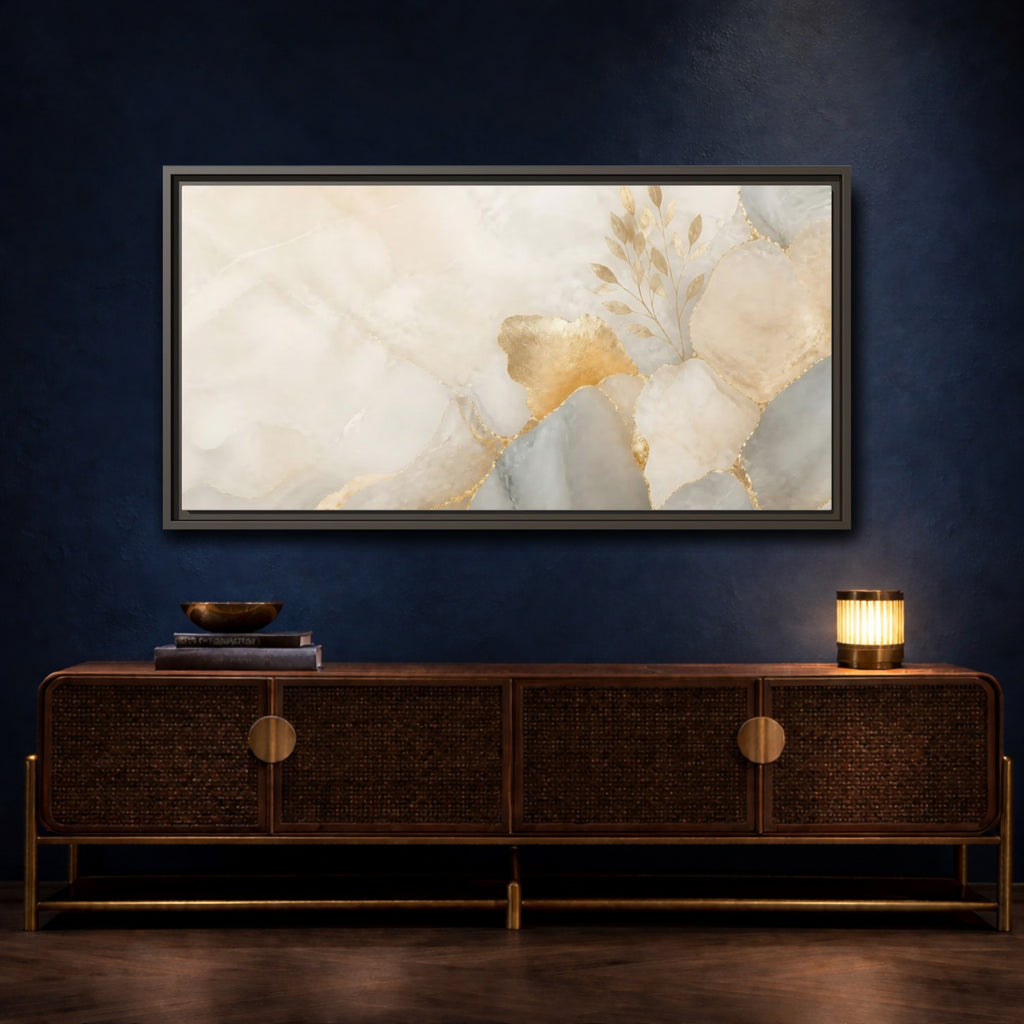 Mockup 4. Abstract Gold Foliage Neutral Gold shown as stretched canvas wall art