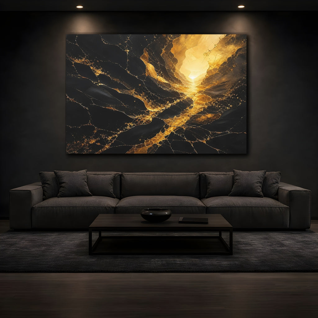 Mockup 3. Abstract Gold Kintsugi Black Gold Abstract shown as stretched canvas wall art