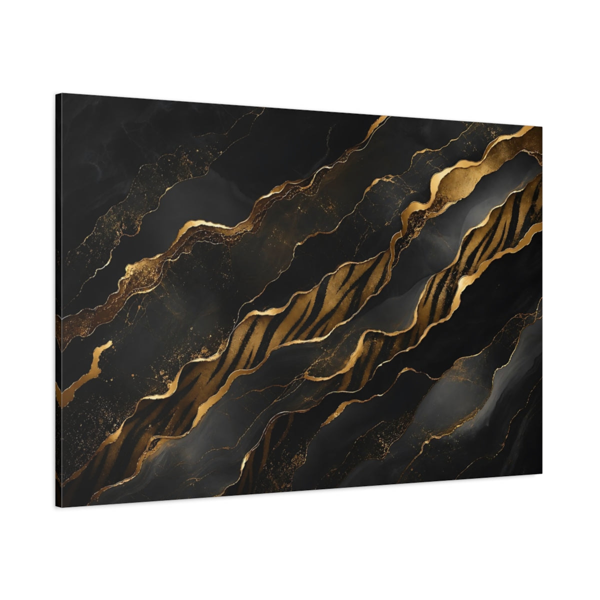 Side Mockup 1. Abstract Gold Waves Black And Gold shown as stretched canvas wall art
