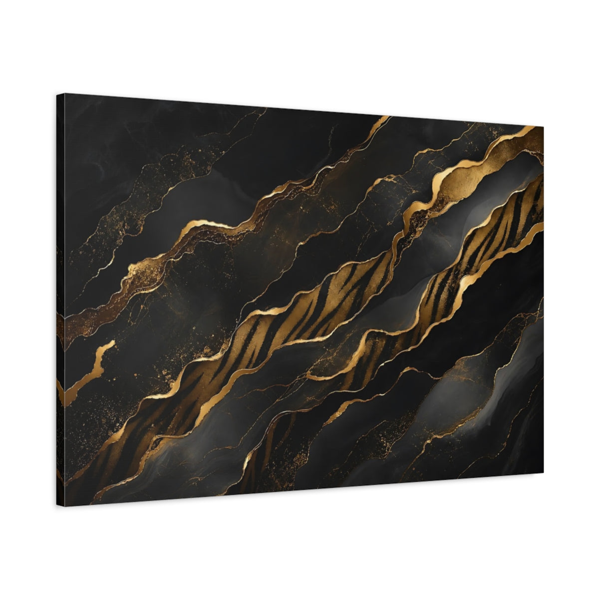Main Mockup. Abstract Gold Waves Black And Gold shown as stretched canvas wall art