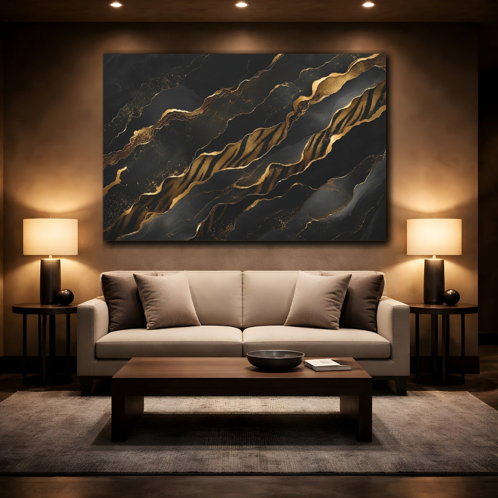 Mockup 2. Abstract Gold Waves Black And Gold shown as stretched canvas wall art