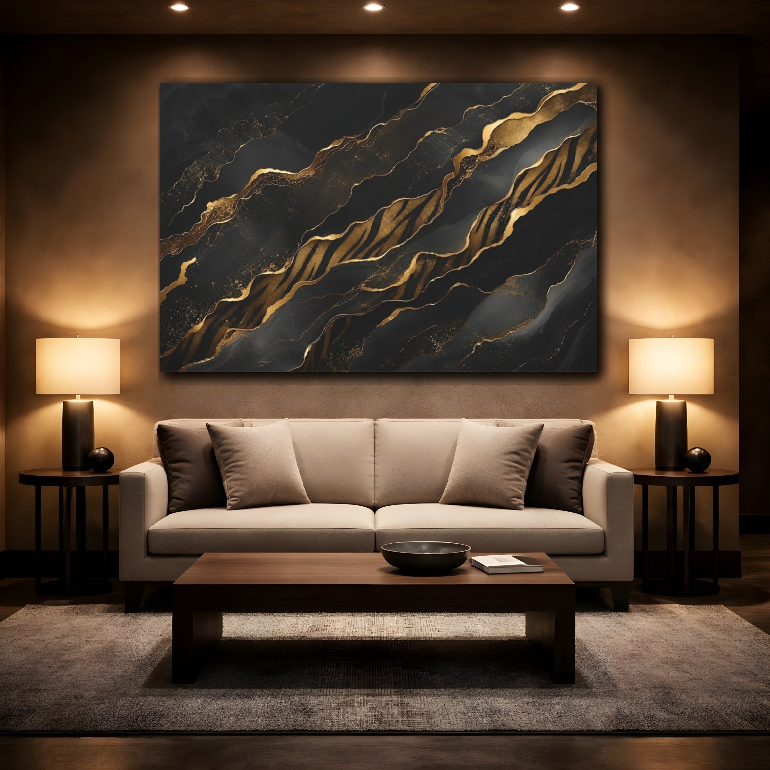 Mockup 2. Abstract Gold Waves Black And Gold shown as stretched canvas wall art