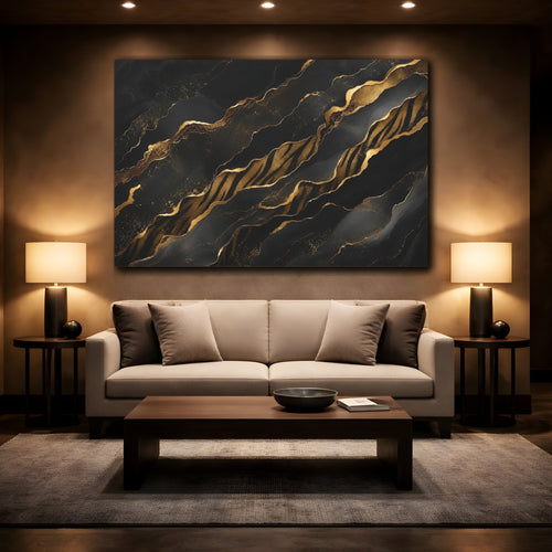 Mockup 2. Abstract Gold Waves Black And Gold shown as stretched canvas wall art