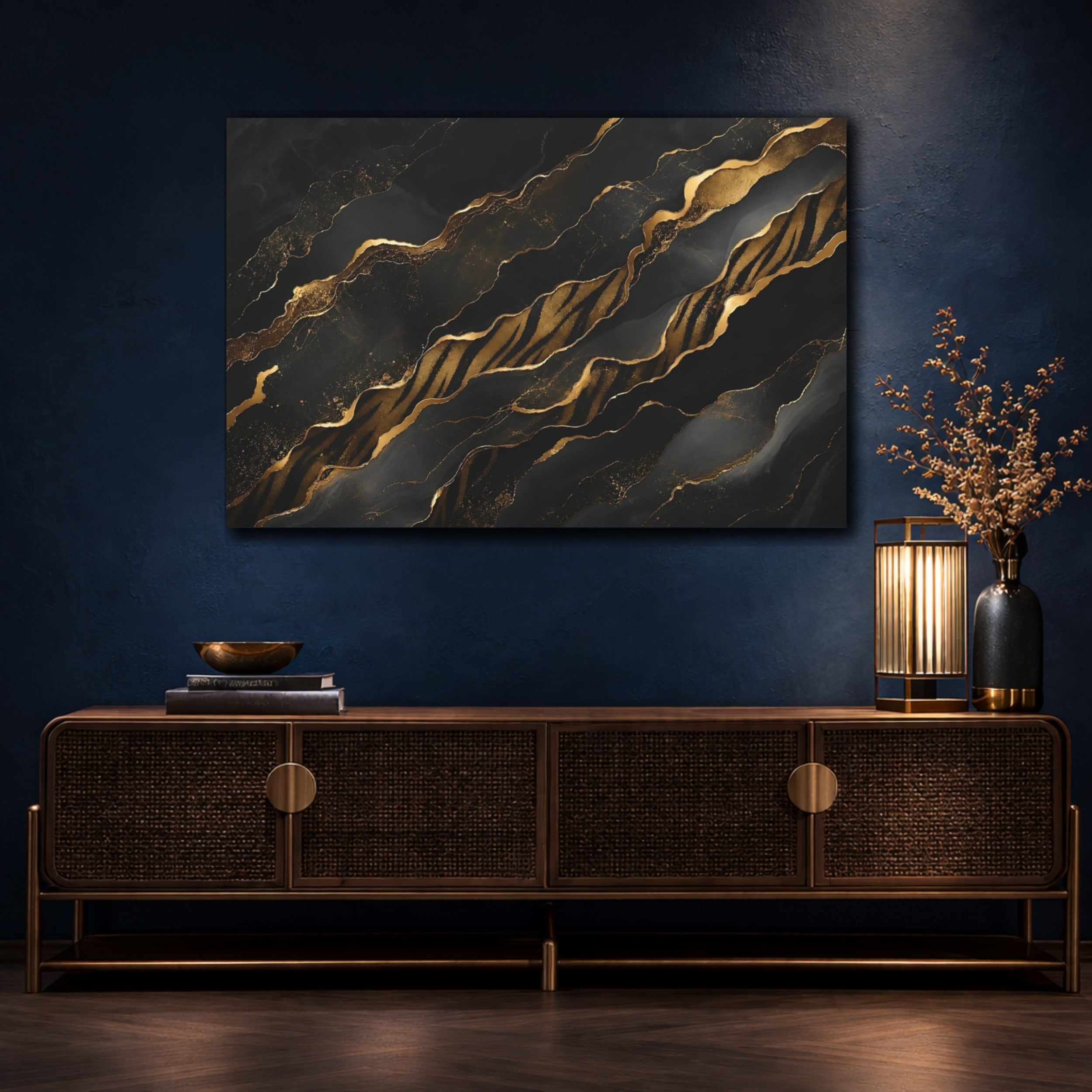 Mockup 4. Abstract Gold Waves Black And Gold shown as stretched canvas wall art