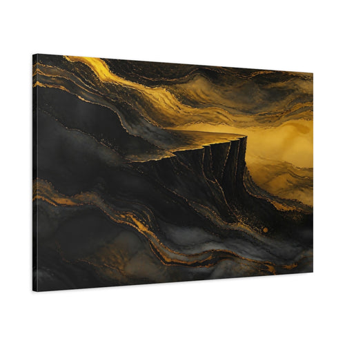 Main Mockup. Abstract Golden Cliff Black And Gold shown as stretched canvas wall art