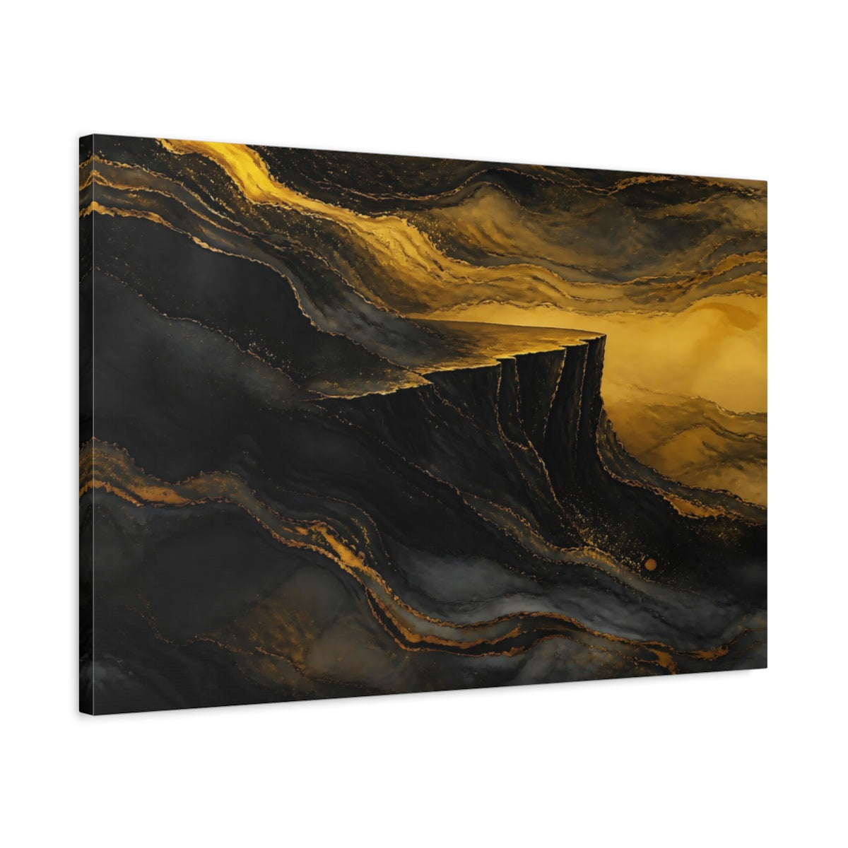 Side Mockup 2. Abstract Golden Cliff Black And Gold shown as stretched canvas wall art