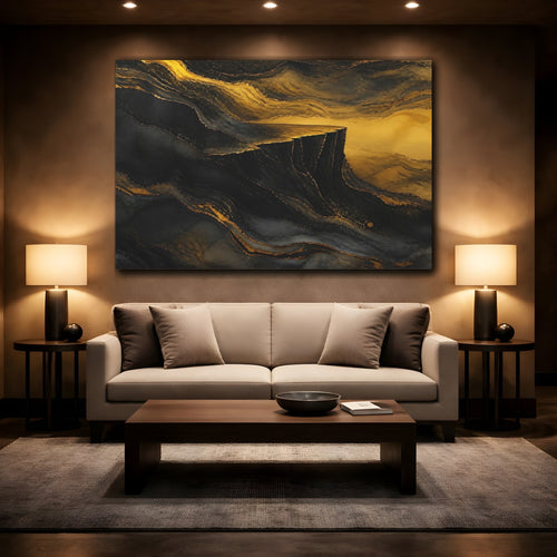 Mockup 2. Abstract Golden Cliff Black And Gold shown as stretched canvas wall art