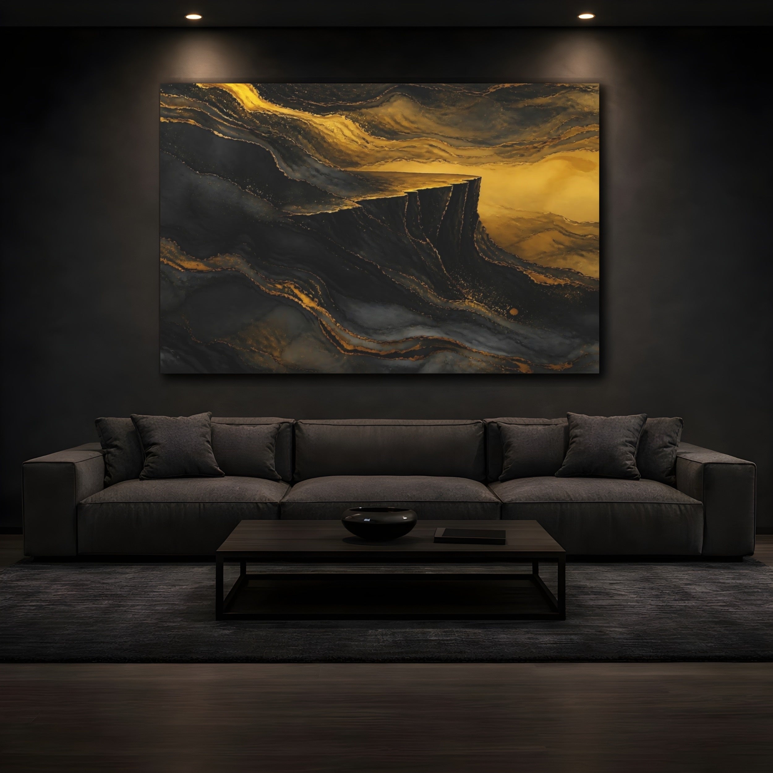 Mockup 3. Abstract Golden Cliff Black And Gold shown as stretched canvas wall art