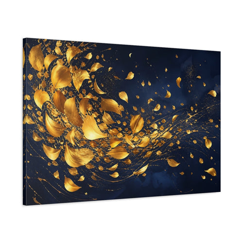 Main Mockup. Abstract Golden Leaves Blue And Gold shown as stretched canvas wall art