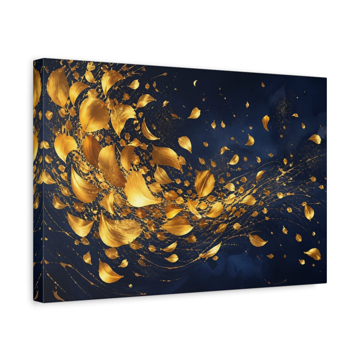Side Mockup 4. Abstract Golden Leaves Blue And Gold shown as stretched canvas wall art