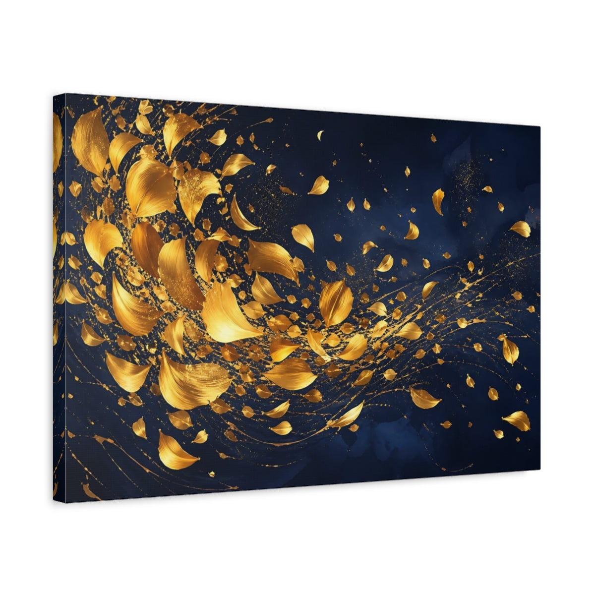 Side Mockup 3. Abstract Golden Leaves Blue And Gold shown as stretched canvas wall art