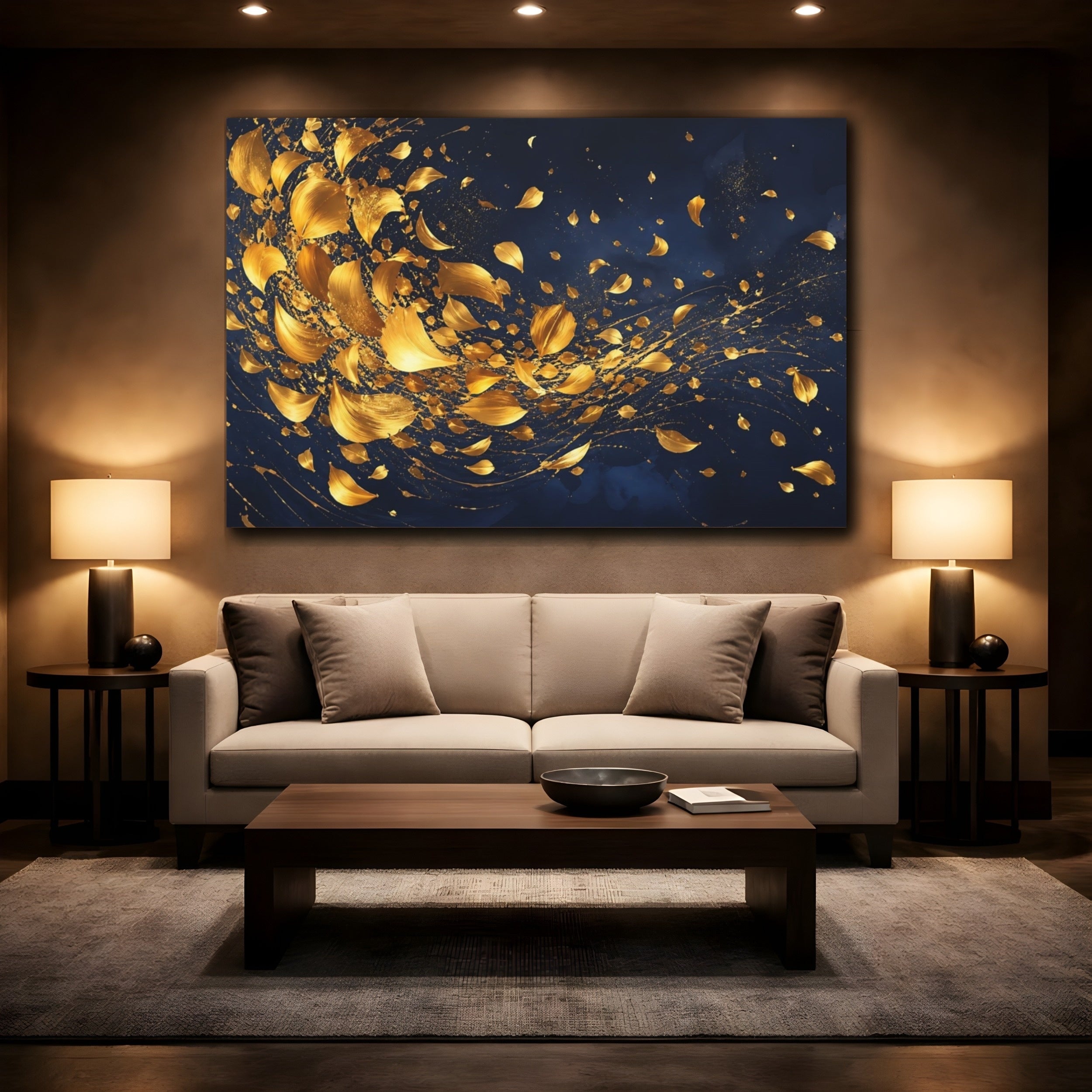 Mockup 2. Abstract Golden Leaves Blue And Gold shown as stretched canvas wall art