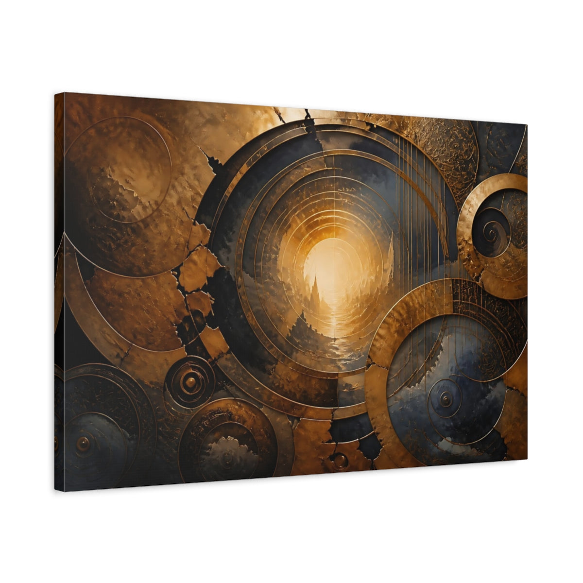 Side Mockup 2. Abstract Golden Portal Gold And Blue shown as stretched canvas wall art