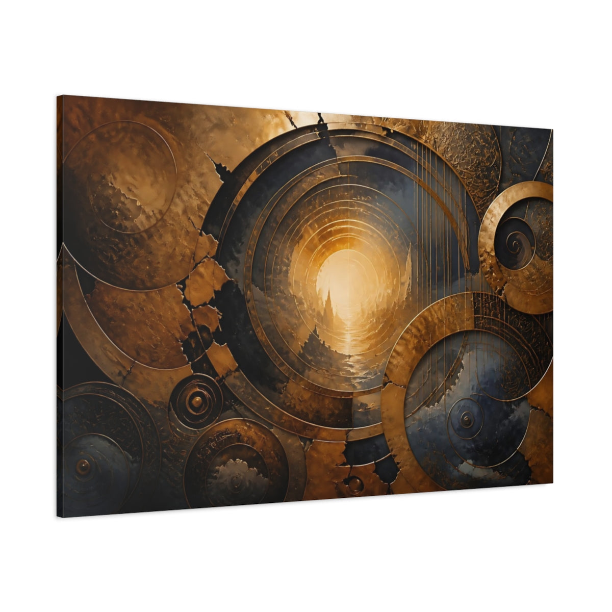 Side Mockup 1. Abstract Golden Portal Gold And Blue shown as stretched canvas wall art