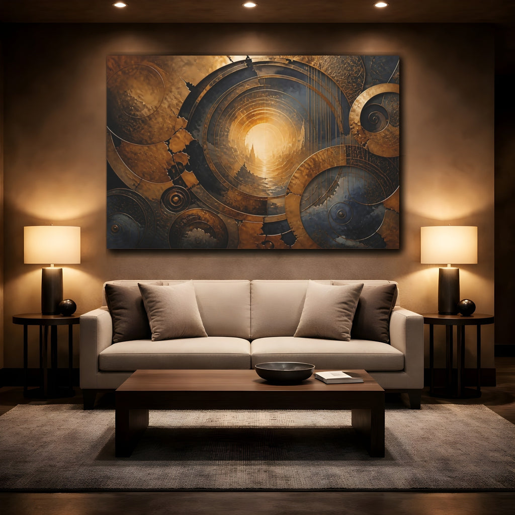Mockup 2. Abstract Golden Portal Gold And Blue shown as stretched canvas wall art