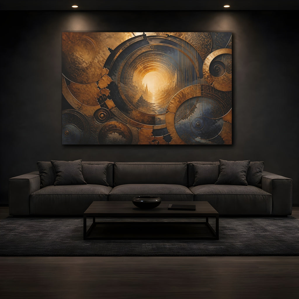 Mockup 3. Abstract Golden Portal Gold And Blue shown as stretched canvas wall art