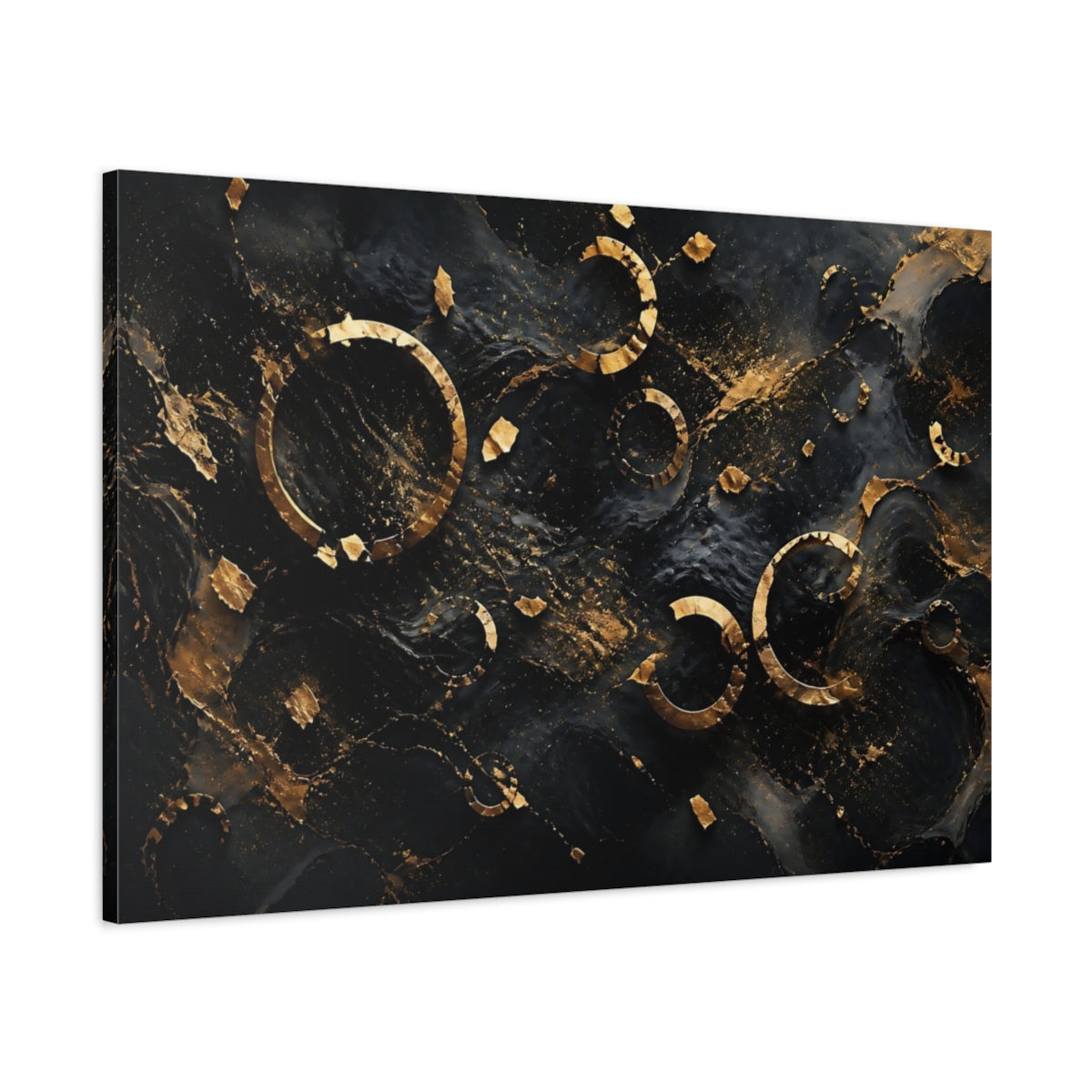 Main Mockup. Abstract Golden Rings Black And Gold Abstract shown as stretched canvas wall art