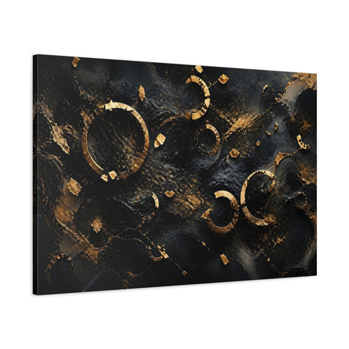 Main Mockup. Abstract Golden Rings Black And Gold Abstract shown as stretched canvas wall art