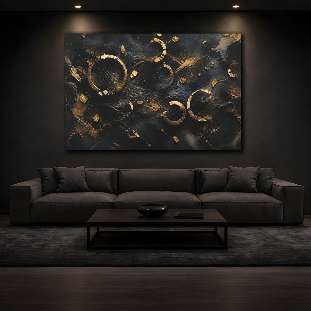 Mockup 3. Abstract Golden Rings Black And Gold Abstract shown as stretched canvas wall art