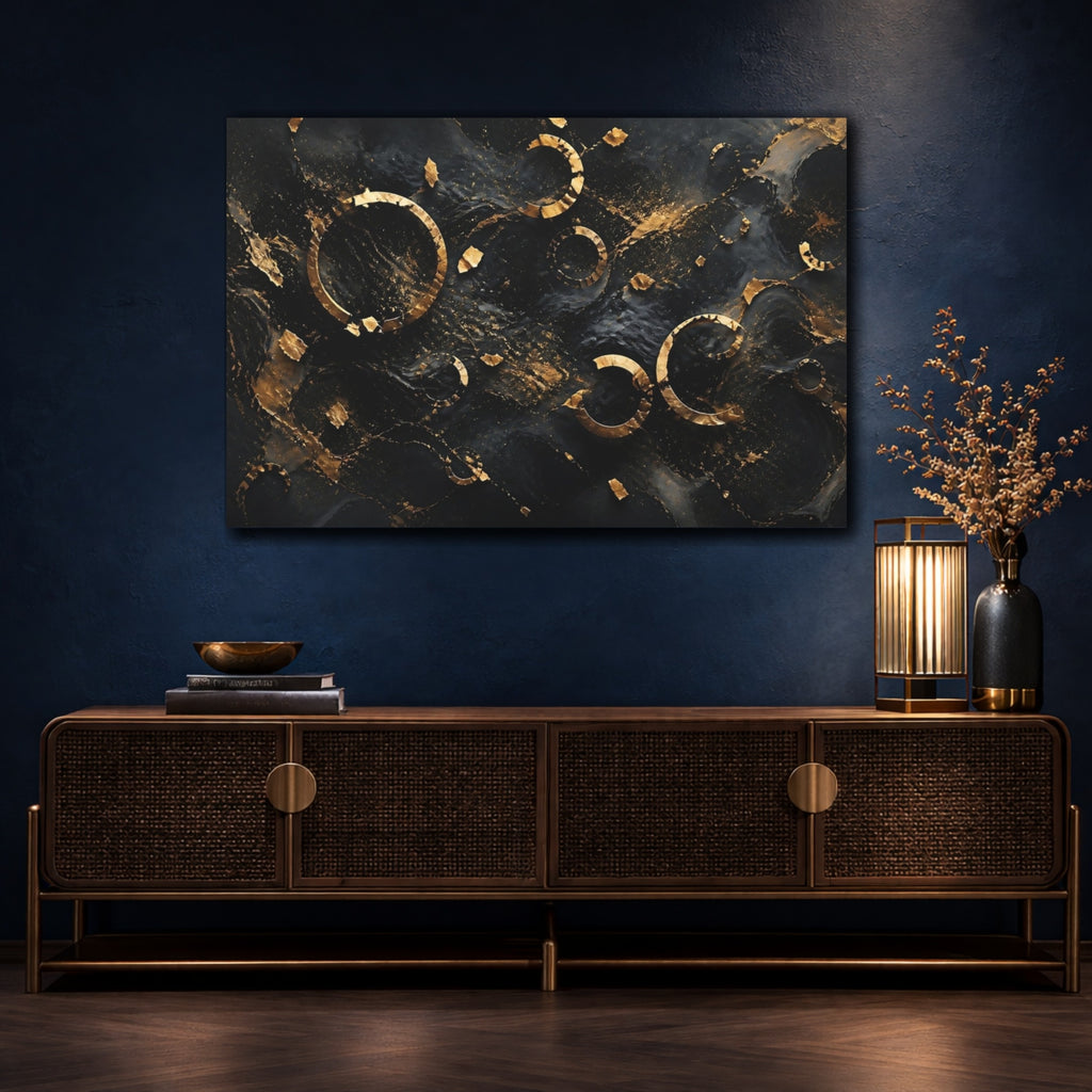 Mockup 4. Abstract Golden Rings Black And Gold Abstract shown as stretched canvas wall art