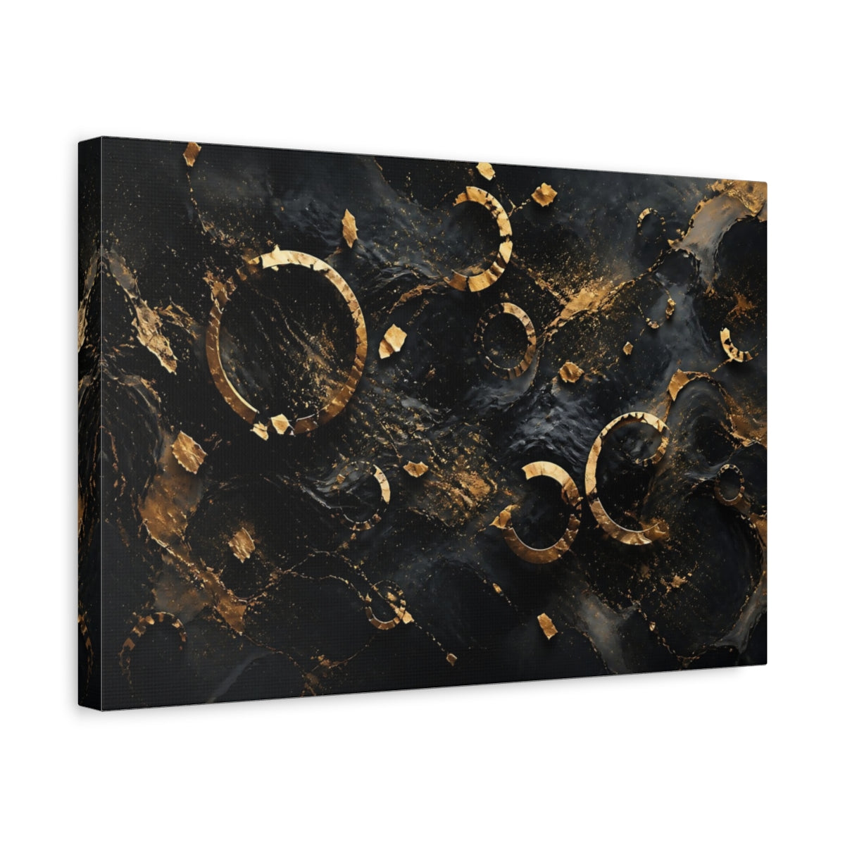 Side Mockup 4. Abstract Golden Rings Black And Gold Abstract shown as stretched canvas wall art