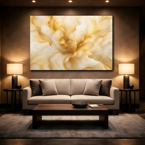 Mockup 2. Abstract Golden Swirls Gold And Cream shown as stretched canvas wall art