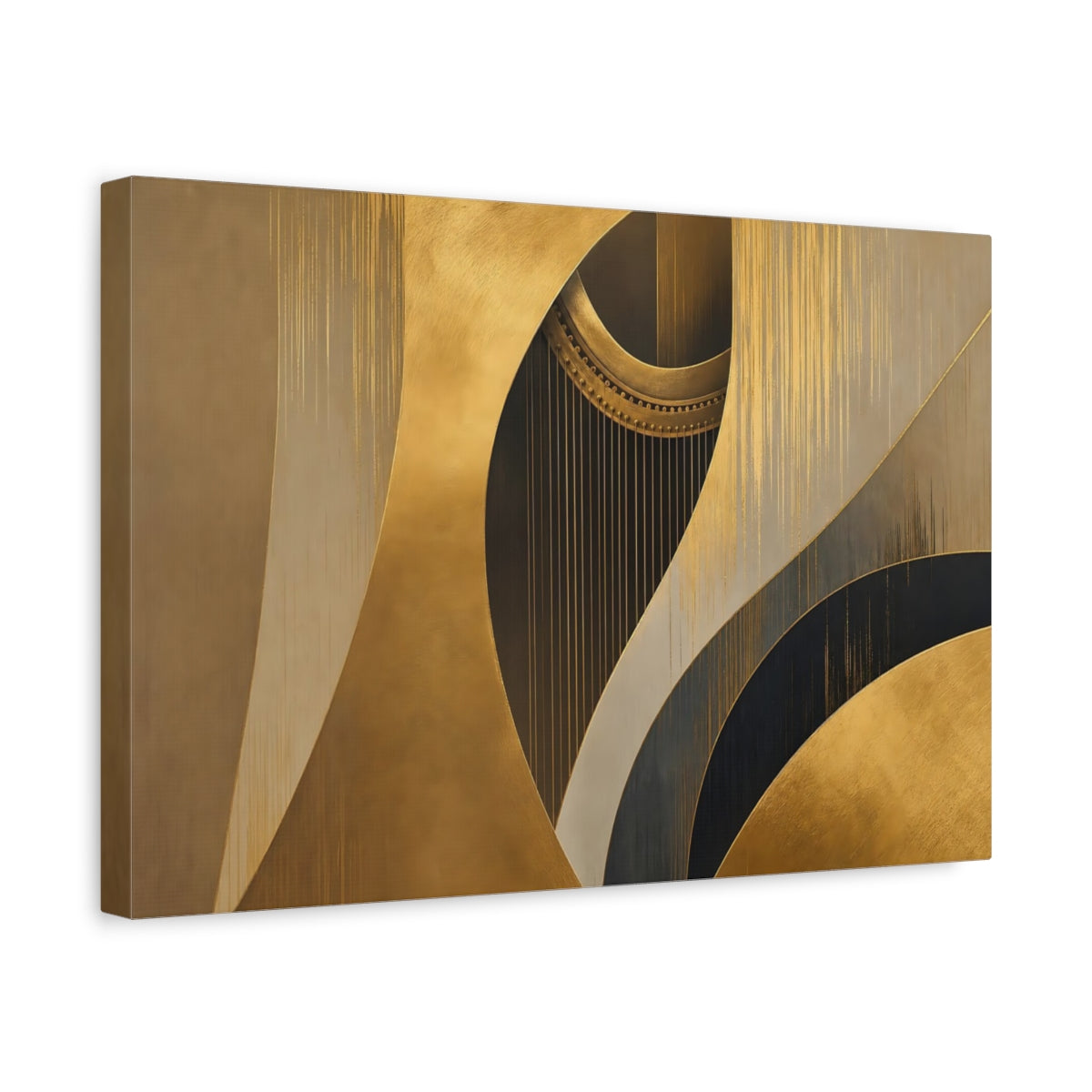 Side Mockup 4. Abstract Harp Gold And Black shown as stretched canvas wall art