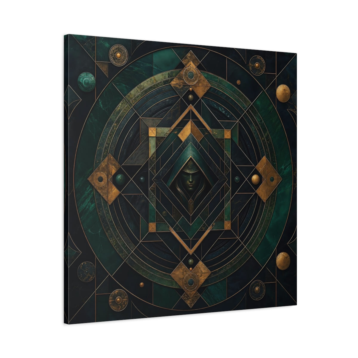 Main Mockup. Abstract Hooded Figure Emerald Gold shown as stretched canvas wall art