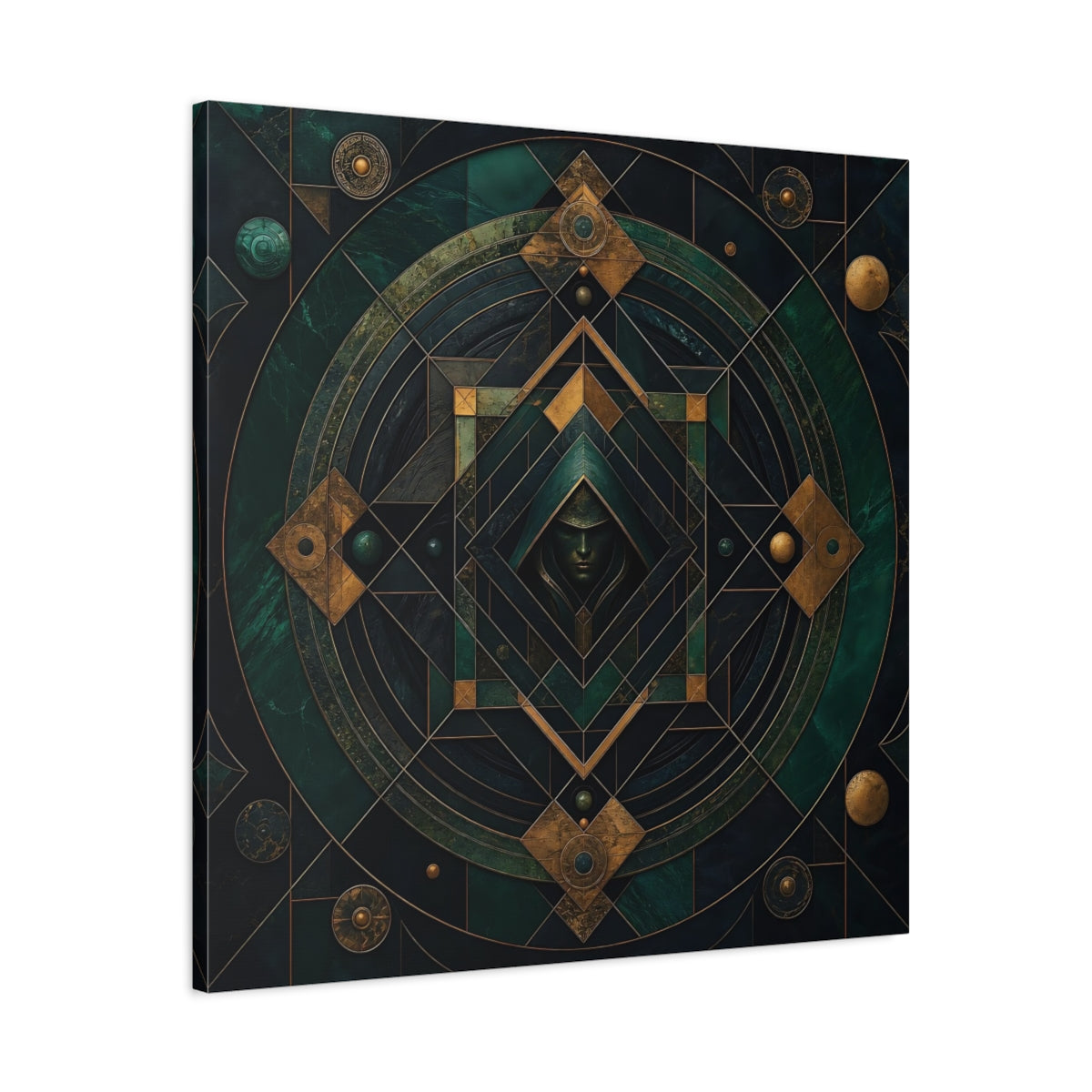 Side Mockup 3. Abstract Hooded Figure Emerald Gold shown as stretched canvas wall art