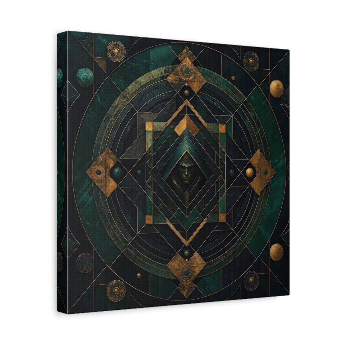 Side Mockup 7. Abstract Hooded Figure Emerald Gold shown as stretched canvas wall art