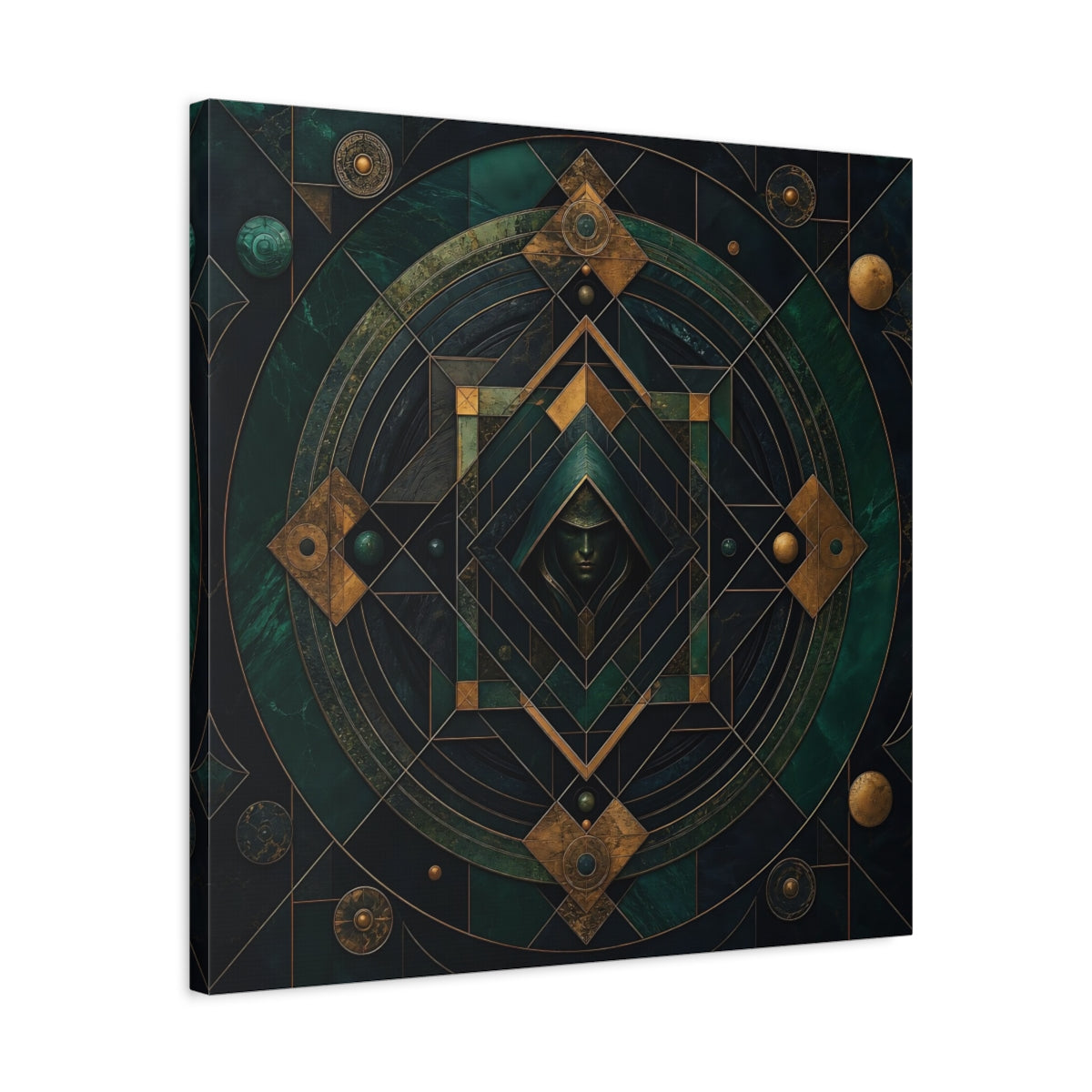 Side Mockup 4. Abstract Hooded Figure Emerald Gold shown as stretched canvas wall art