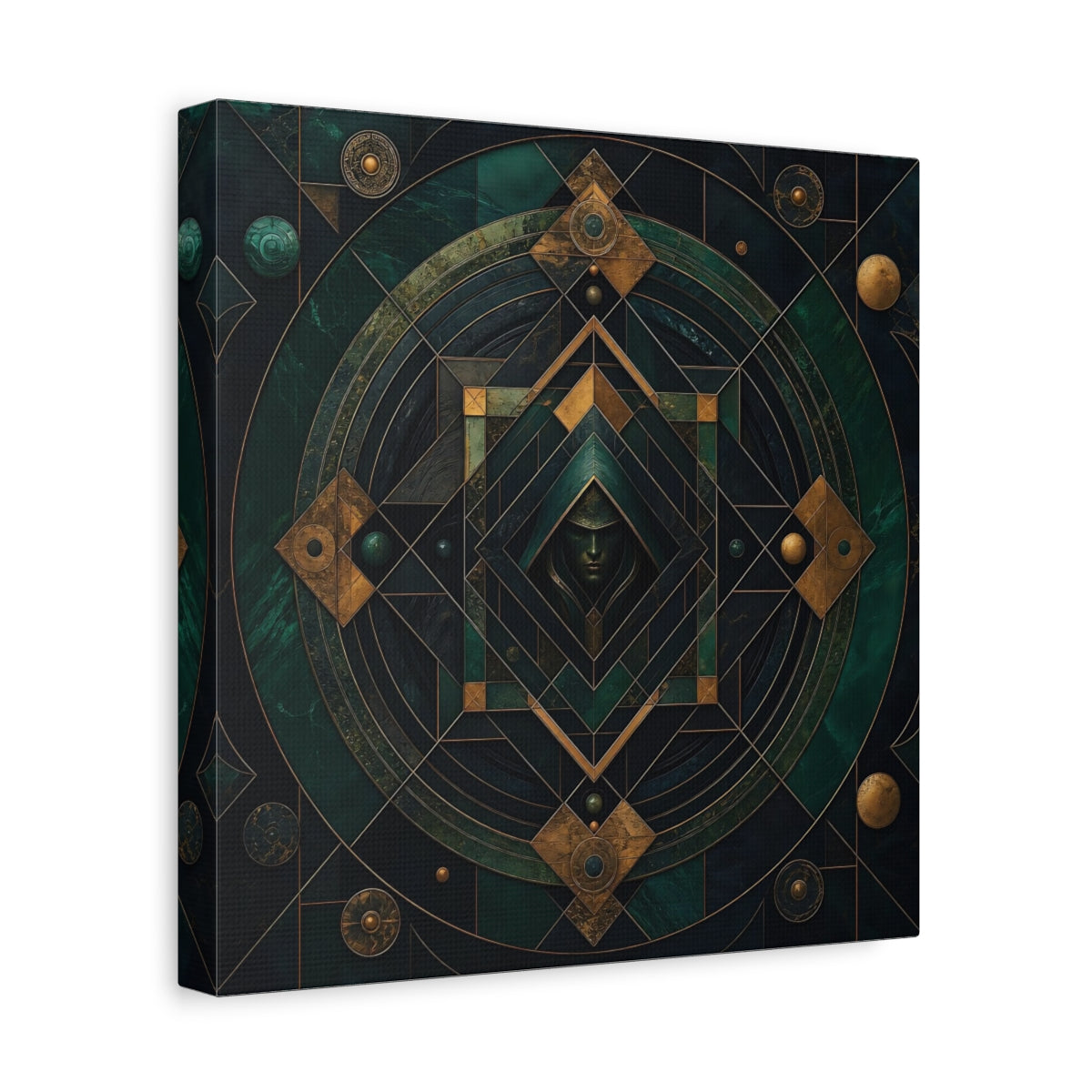 Side Mockup 8. Abstract Hooded Figure Emerald Gold shown as stretched canvas wall art
