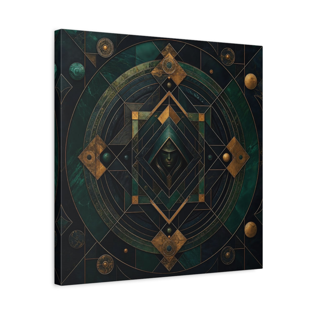 Side Mockup 5. Abstract Hooded Figure Emerald Gold shown as stretched canvas wall art