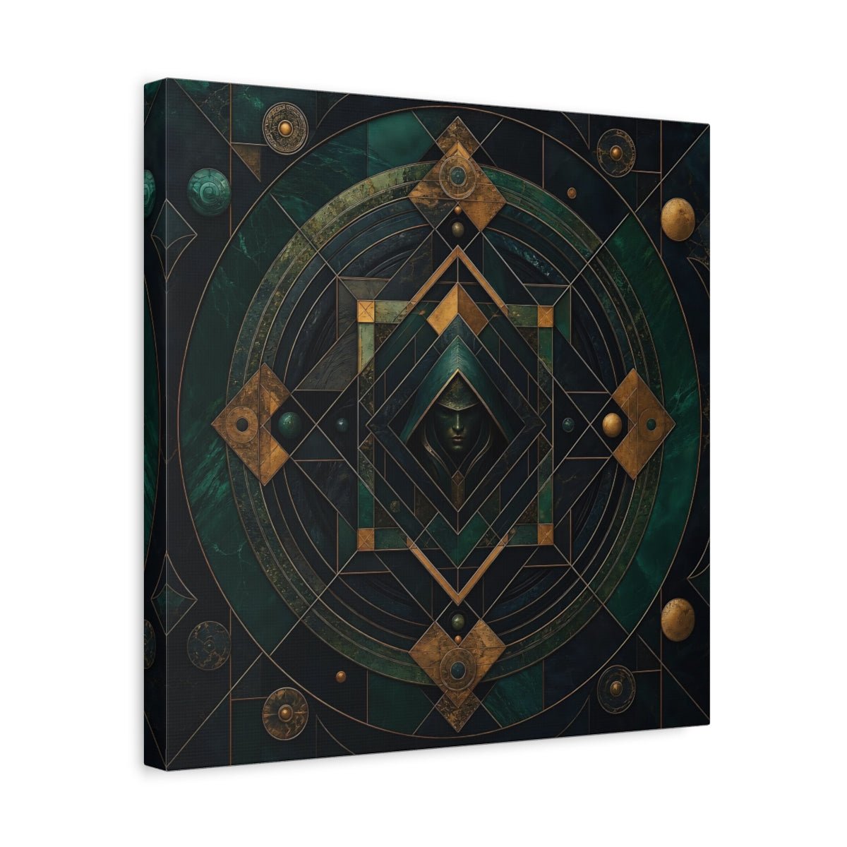 Side Mockup 6. Abstract Hooded Figure Emerald Gold shown as stretched canvas wall art