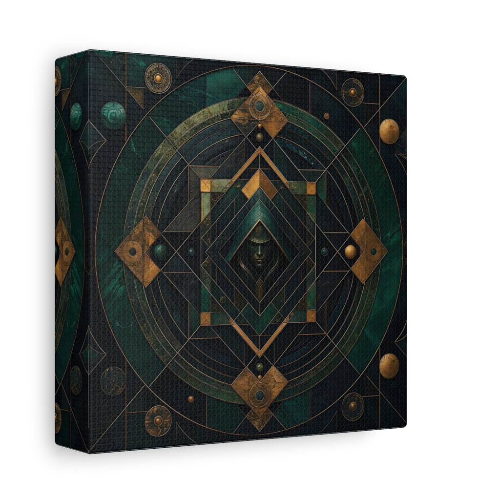 Side Mockup 2. Abstract Hooded Figure Emerald Gold shown as stretched canvas wall art