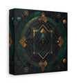 Side Mockup 2. Abstract Hooded Figure Emerald Gold shown as stretched canvas wall art