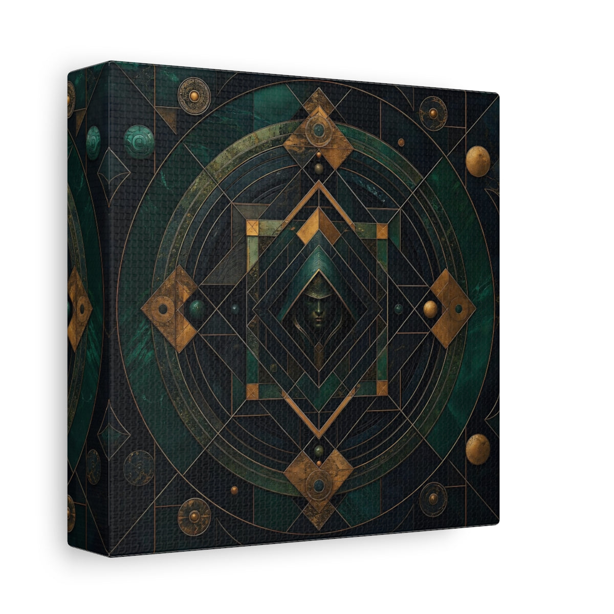 Side Mockup 2. Abstract Hooded Figure Emerald Gold shown as stretched canvas wall art