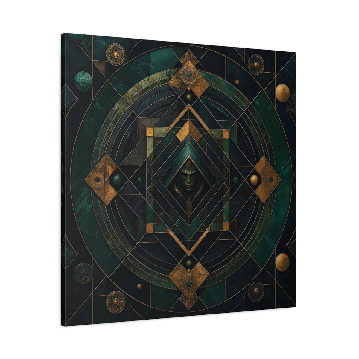 Side Mockup 1. Abstract Hooded Figure Emerald Gold shown as stretched canvas wall art