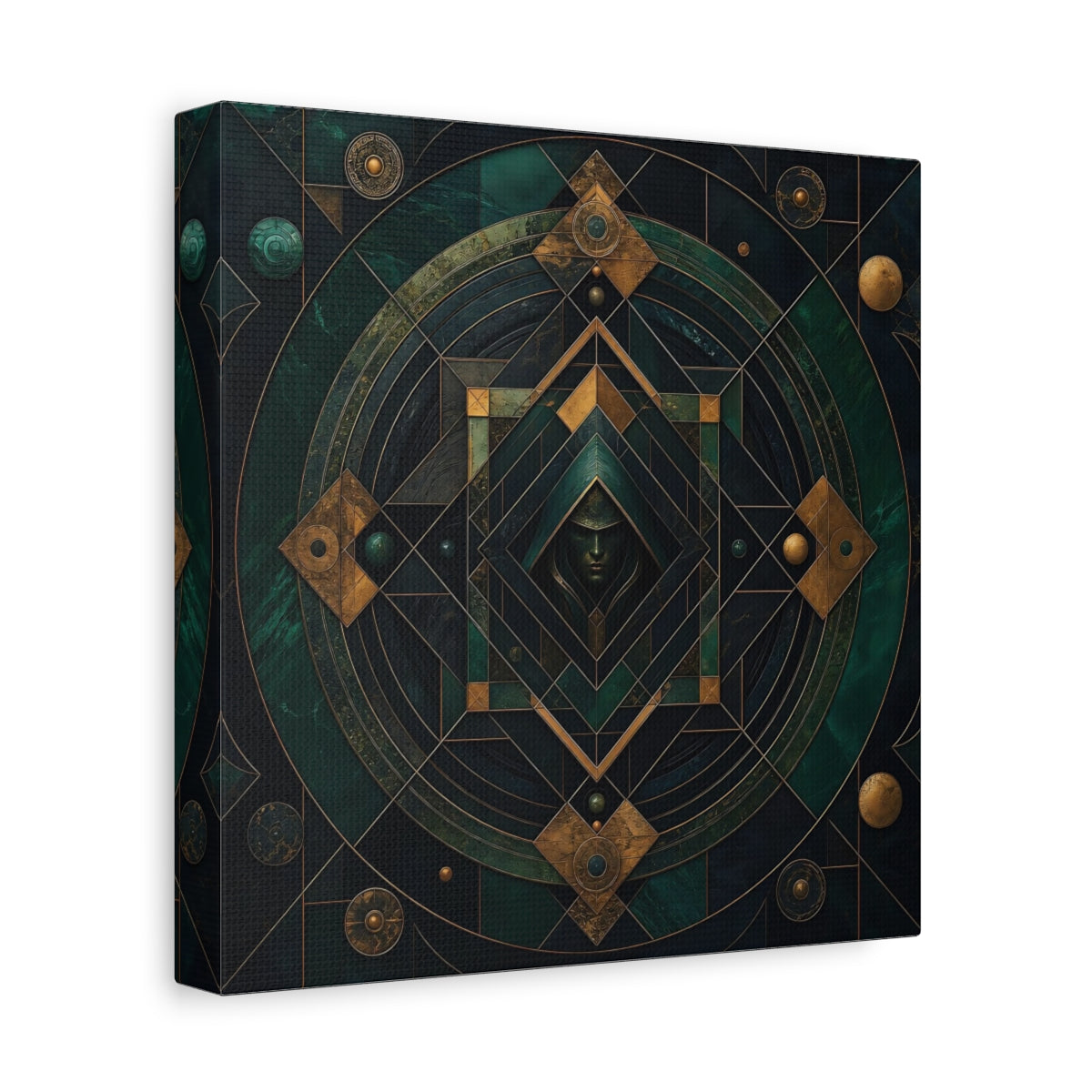 Side Mockup 9. Abstract Hooded Figure Emerald Gold shown as stretched canvas wall art