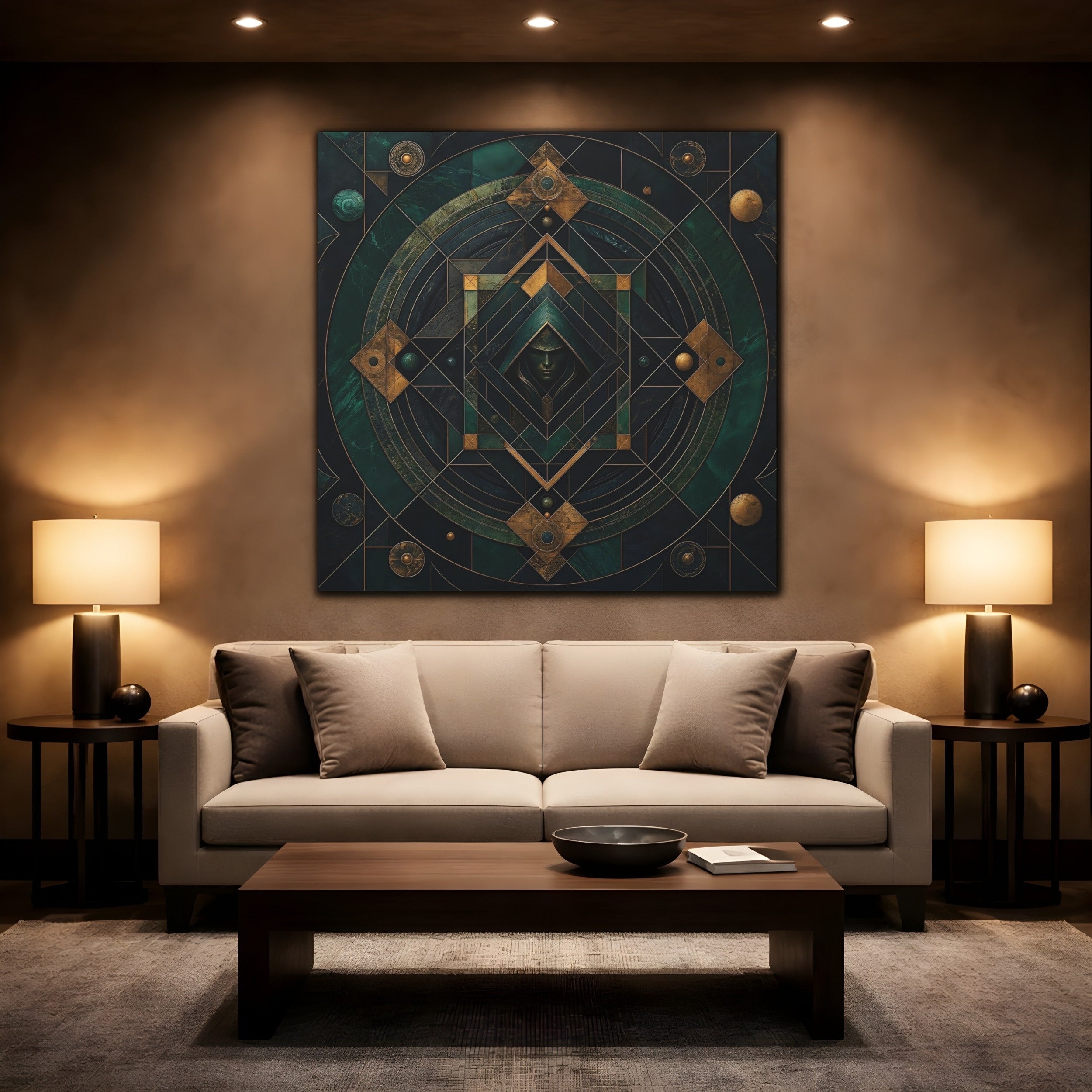 Mockup 2. Abstract Hooded Figure Emerald Gold shown as stretched canvas wall art