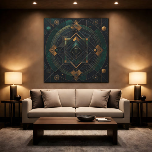 Mockup 2. Abstract Hooded Figure Emerald Gold shown as stretched canvas wall art