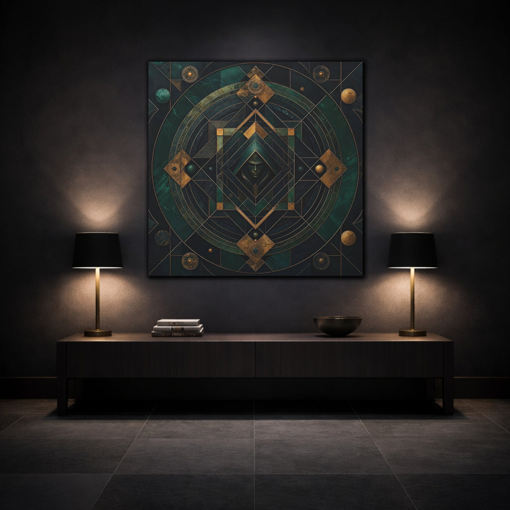 Mockup 3. Abstract Hooded Figure Emerald Gold shown as stretched canvas wall art