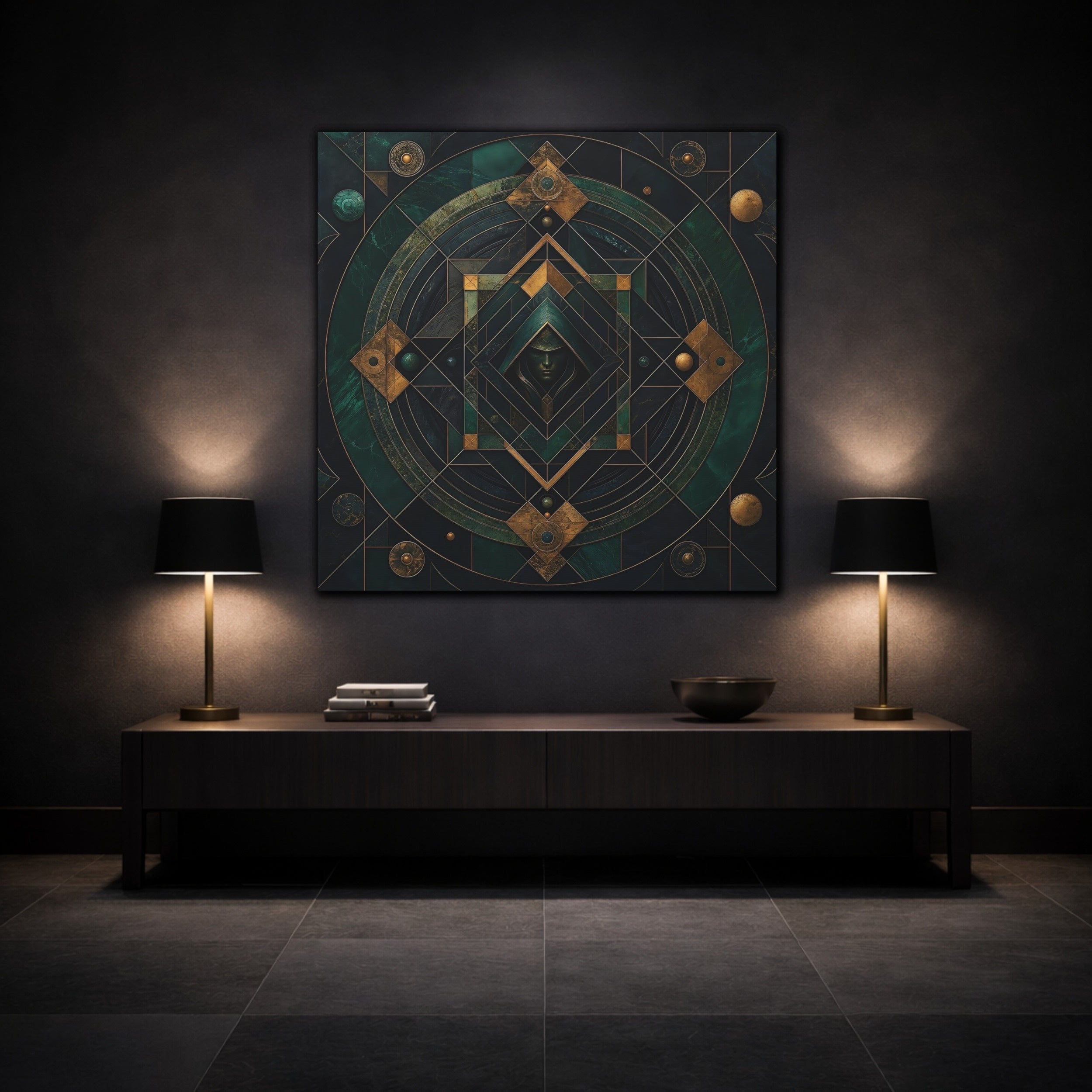 Mockup 3. Abstract Hooded Figure Emerald Gold shown as stretched canvas wall art